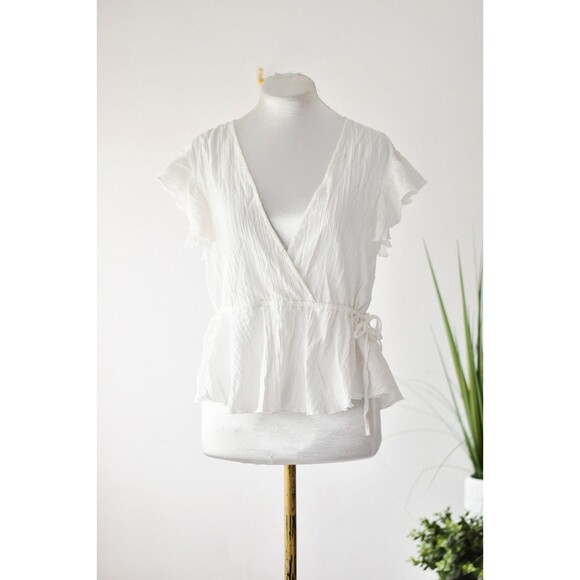 Minkpink Top Woman's M White Short Sleeve Faux Wrap Peplum Coastal - Picture 1 of 8